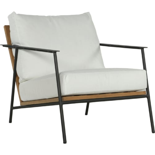 Milan Outdoor Arm Chair in White Fabric, Grey Weave, Teak & Black Metal